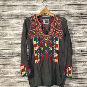 Johnny Was Shirt Womens XS Brown BIYA Long Sleeve Tunic Boho Embroidered